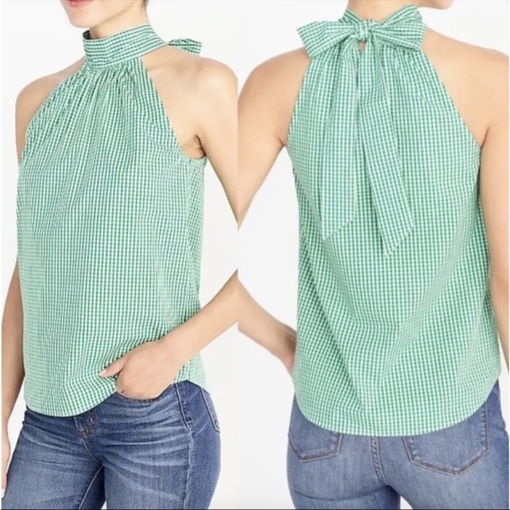 J. CREW Factory Green Gingham Check Tie Back Halter Top Size 4